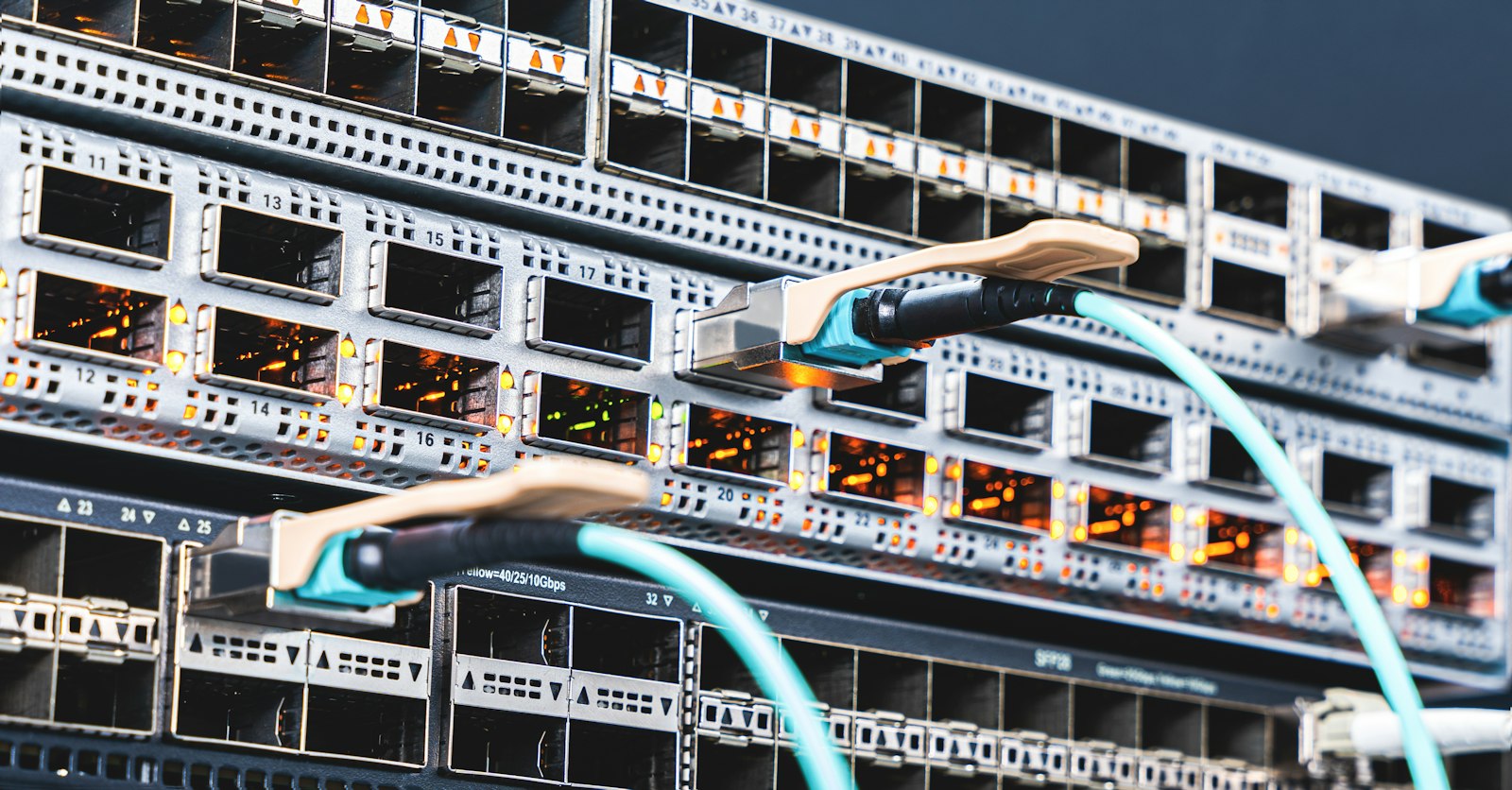 Fibre optic cables plugged into the ports of a network switch
