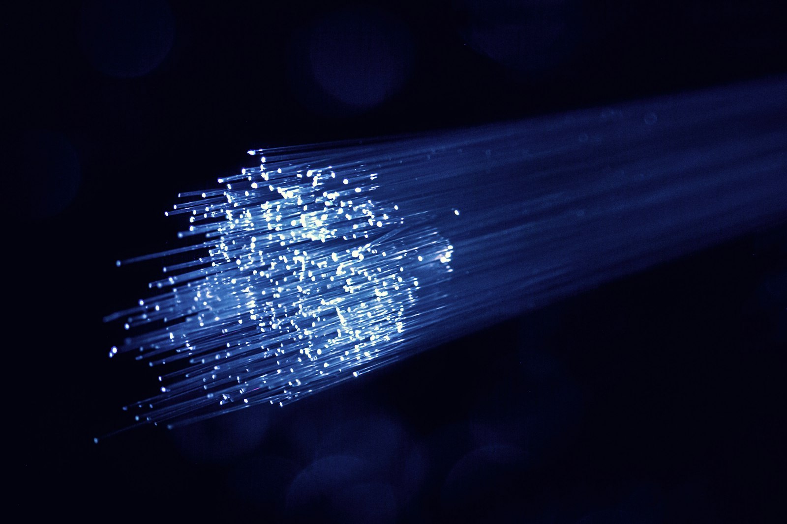 Strands of optical fibre glowing blue against a dark background